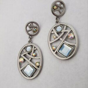 Vintage Jonette Jewelry "JJ" Pewter Silver tone Drop Earrings with Blue Iridesce